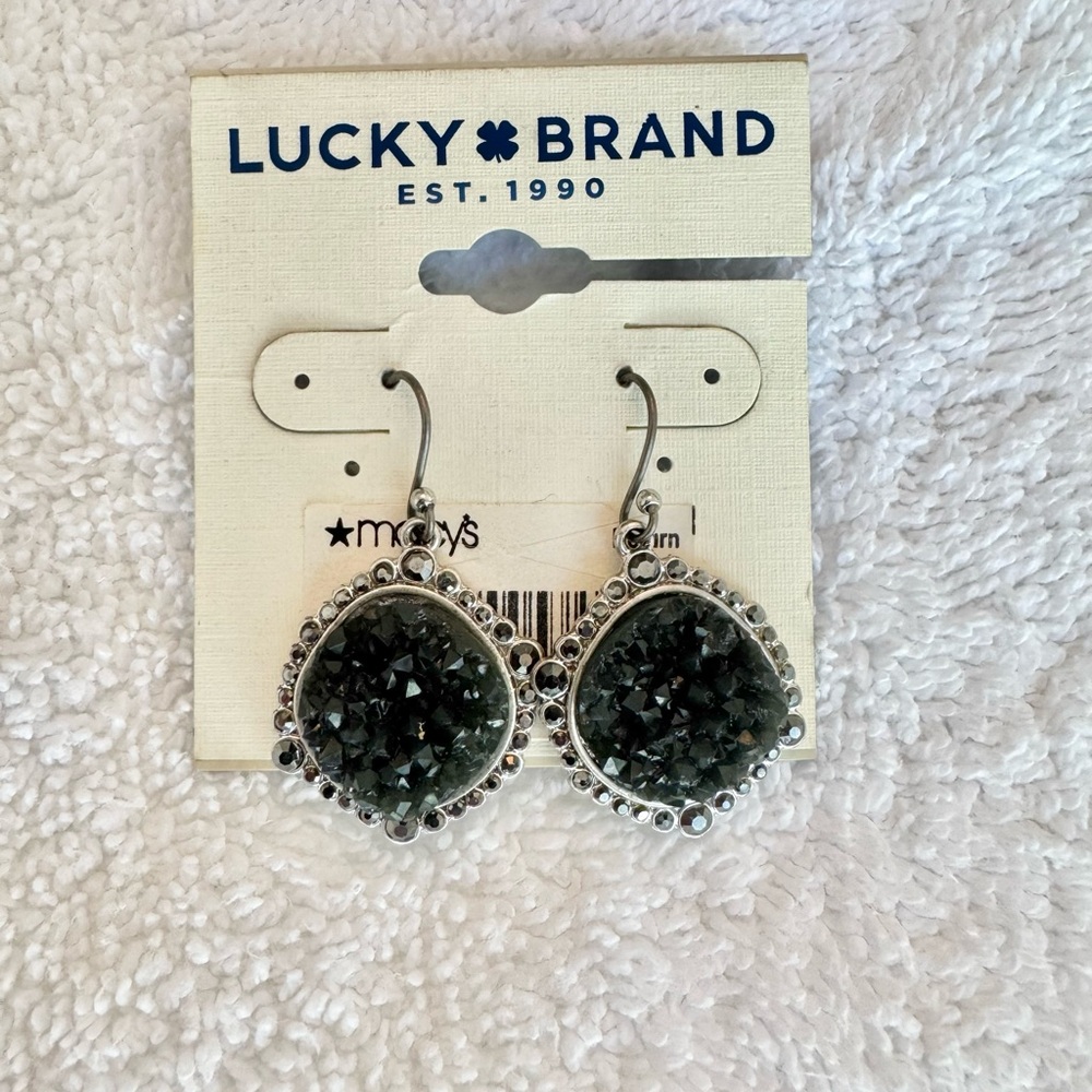 Lucky Brand Silver Tone Metal Pave Faux Druzy Drop Earrings